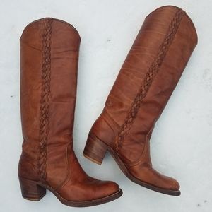 70's Vtg Frye Tall Riding Western Boots Braid 7.5